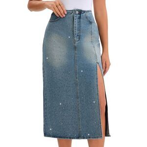 Women's Midi Denim Skirt Side Split High Waisted Rhinestone Jean Skirts